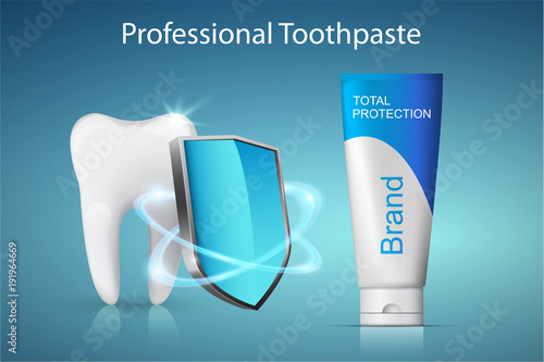 Healthy tooth under protection and a tube of toothpaste, vector design
