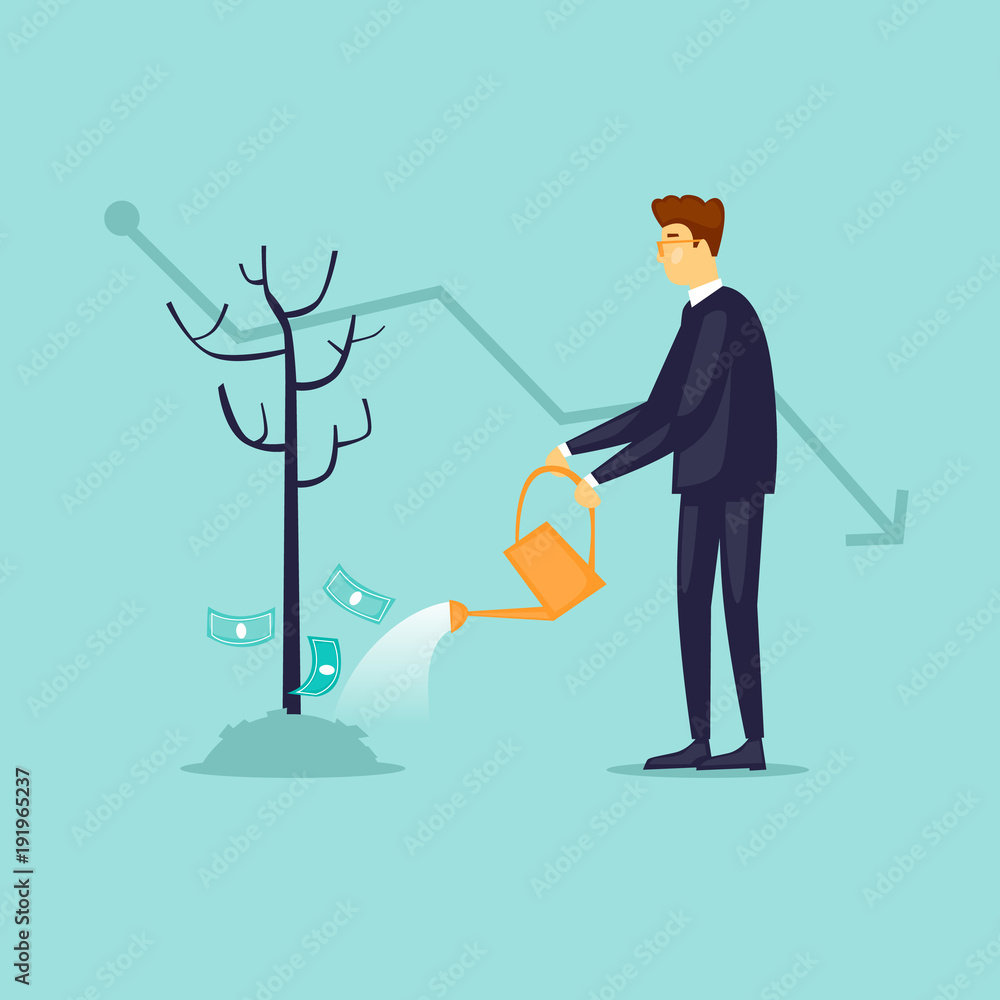 Crisis businessman watering a tree without money. Flat design vector illustration. Crisis businessman watering a tree without money. Flat design vector illustration.