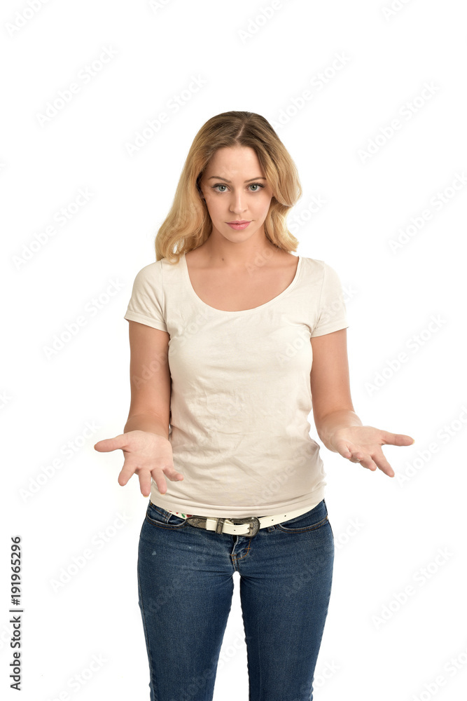 Obraz premium 3/4 portrait of blonde girl wearing white shirt. isolated on white background.