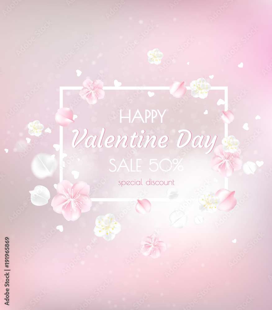 Valentine s Day sale poster. Beautiful backdrop with white falling petals.