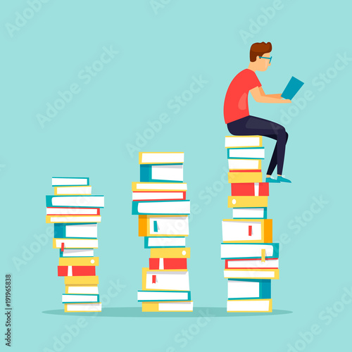 Guy sits on books reading. Flat design vector illustration.