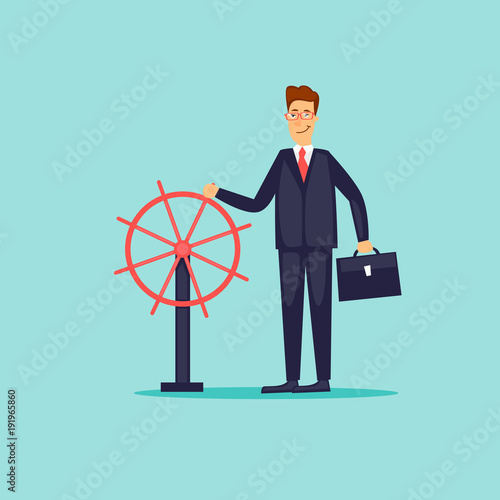 Businessman is holding the Steering Wheel. Flat design vector illustration.