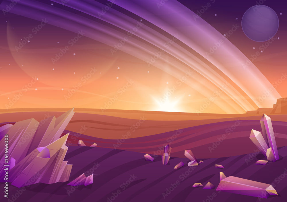 Fototapeta premium Fantasy alien landscape, another planet nature with rocks in fiels and planets in sky. Game design vector galaxy space background.