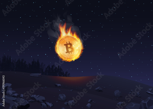 Vector illustration of bitcoin in fire falling to the ground at night.