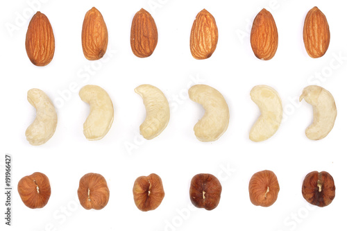 Mix nuts almonds, cashews hazelnuts isolated on white background. Top view. Flat lay