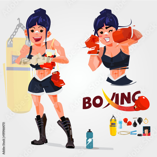 women boxer in actions. typogreaphic. character design with gym equipments - vector