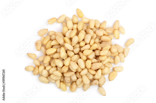 Shelled cedar pine nuts isolated on white background. top view