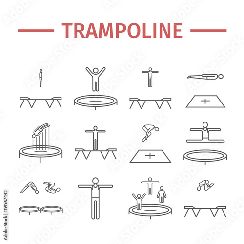 Trampoline jumping line icons. Acrobatics signs. Vector sports symbols.