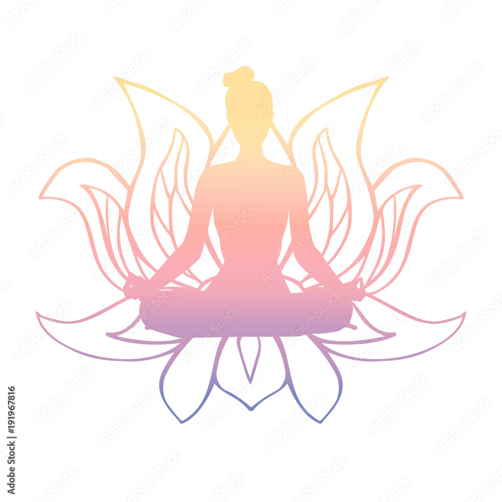 Vector illustration of black female silhouette in yoga pose and buddhist symbol lotus flower. Slim body woman doing meditation practice. Lotus pose - Padmasana. Vector illustration of black female silhouette in yoga pose and buddhist symbol lotus flower. Slim body woman doing meditation practice. Lotus pose - Padmasana.