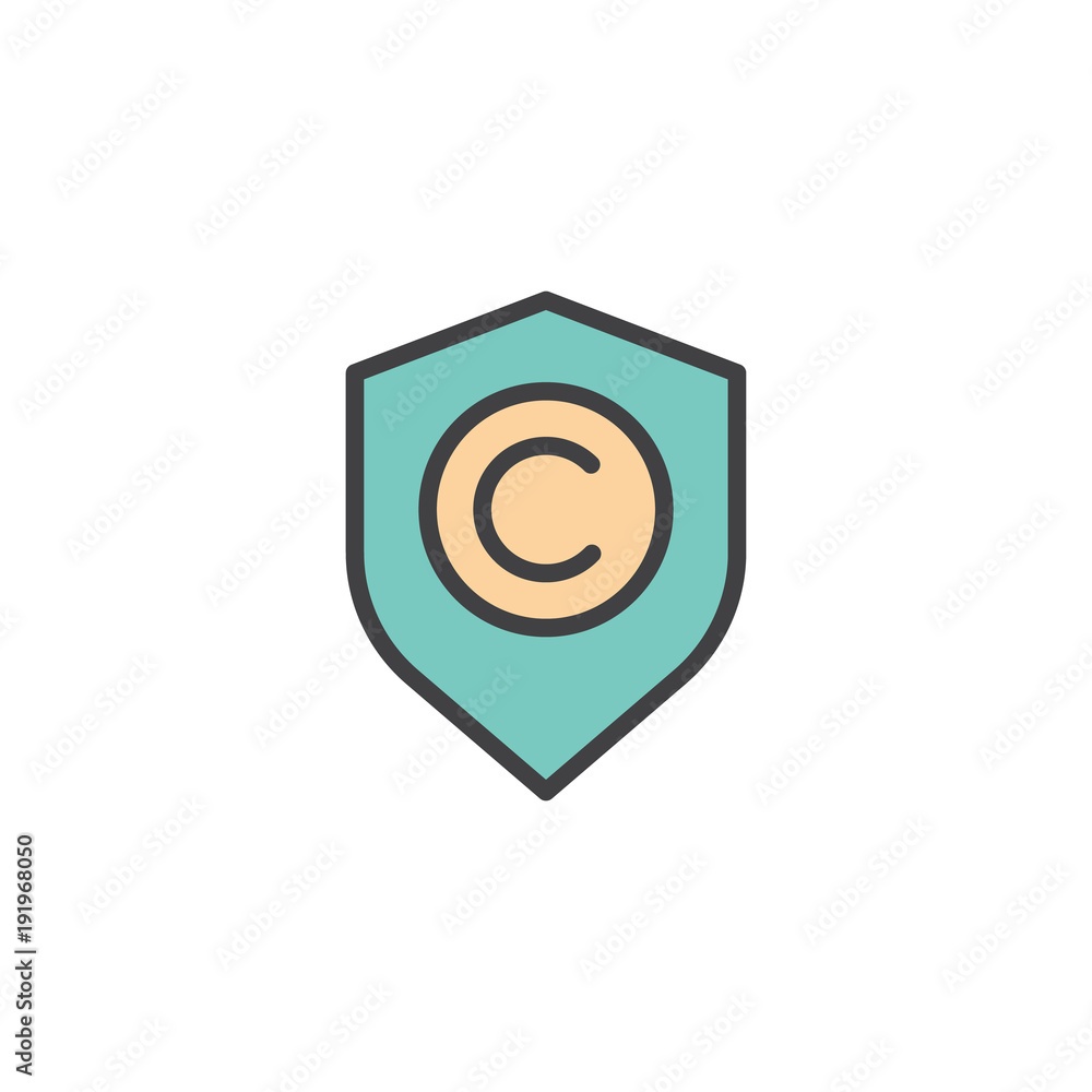 Shield with copyright sign filled outline icon, line vector sign, linear colorful pictogram isolated on white. Copyright protection symbol, logo illustration. Pixel perfect vector graphics Shield with copyright sign filled outline icon, line vector sign, linear colorful pictogram isolated on white. Copyright protection symbol, logo illustration. Pixel perfect vector graphics