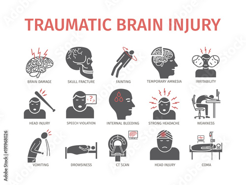 Traumatic brain injury flat icon. Head Injury Treatment. Vector signs for web graphics.