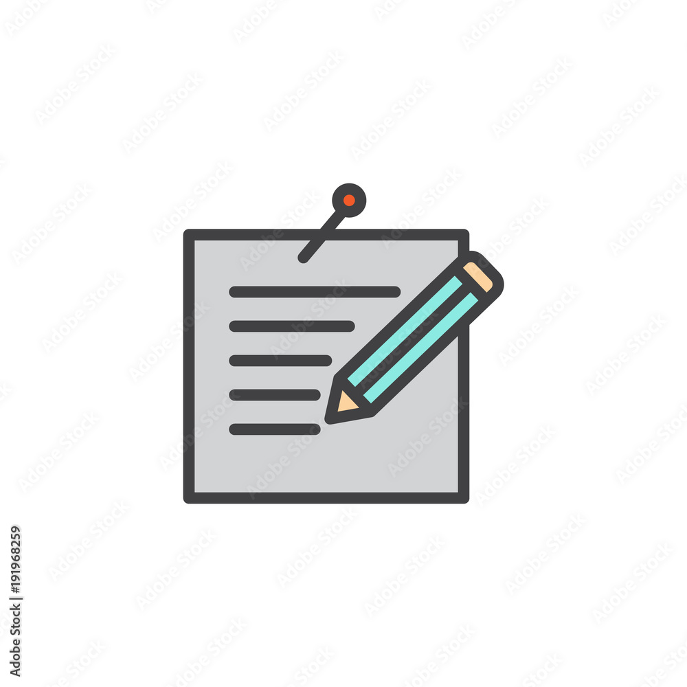Pinned message and pen filled outline icon, line vector sign, linear colorful pictogram isolated on white. Note paper with pencil symbol, logo illustration. Pixel perfect vector graphics Pinned message and pen filled outline icon, line vector sign, linear colorful pictogram isolated on white. Note paper with pencil symbol, logo illustration. Pixel perfect vector graphics