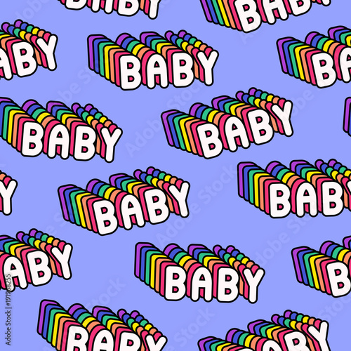 Cute cozy seamless pattern with rainbow-colored "baby" word patches on blue background. 