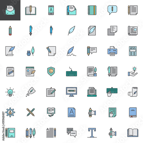Copywriting filled outline icons set, line vector symbol collection, linear colorful pictogram pack. Writer, blogging signs, logo illustration, Set includes icons as letter, notebook, pencil, feather