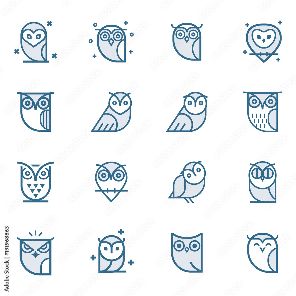 Naklejka Kolekcja ikony konspektu sowy. Zestaw konspektu sowy i herby elementy projektu dla szkół, znaki edukacyjne. Unikalna ilustracja do projektowania.