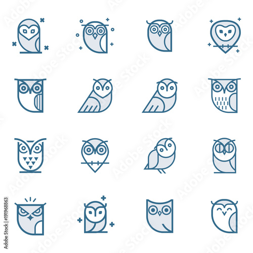 Owl outline icons collection. Set of outline owls and emblems design elements for schools, educational signs. Unique illustration for design.