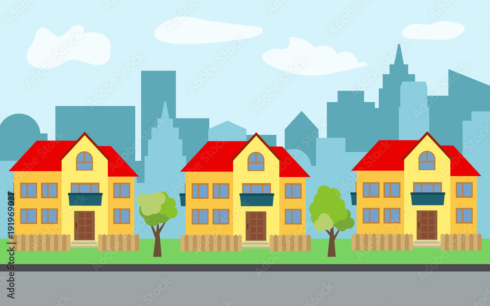 Vector city with three two-story cartoon houses and green trees in the sunny day. Summer urban landscape. Street view with cityscape on a background
