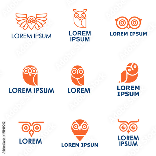 Set of owl outline logos and emblems design elements for schools and educational signs. Logo or label for your company isolated on background.