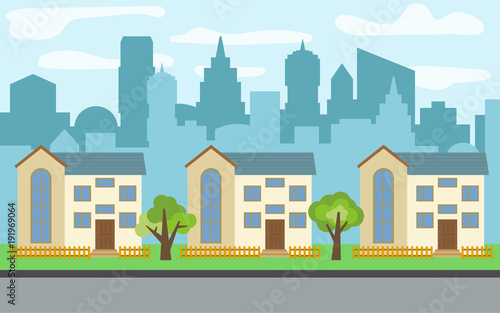 Vector city with three two-story cartoon houses and green trees in the sunny day. Summer urban landscape. Street view with cityscape on a background  