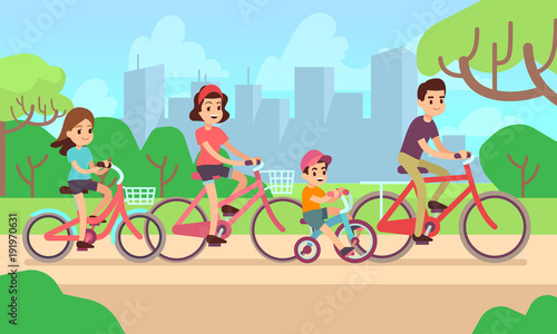 Happy children and parents riding bikes. Active family vector concept