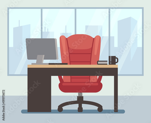 Modern boss room with big window and laptop on desk. Empty contemporary office interior. Business vector cartoon background