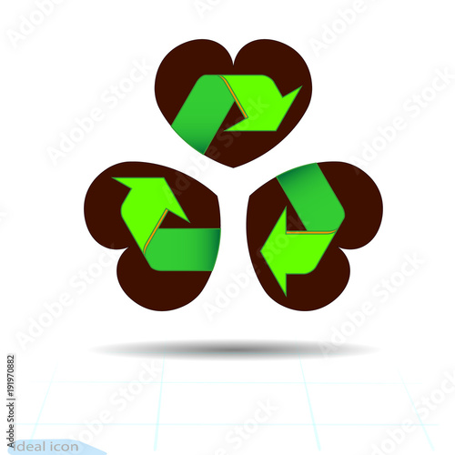 Recycled materials green symbol located on abstract three leaf clover in shape of heart, attribute St. Patricks. Arrows eco sign on Heart. Cycle recycled icon. Recycled materials symbol. Vector Icon.