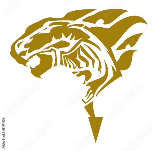 Fototapeta Naklejka Na Ścianę i Meble -  Golden lion symbol with horse head inside. Fantastic roaring lion head inspiring fear on a white background for your design