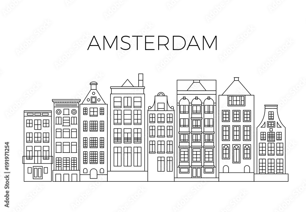 Amsterdam houses city panorama. Dutch street buildings vector skyline