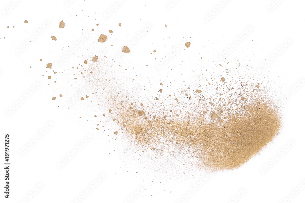 Pile of dirt, soil isolated on white background, top view