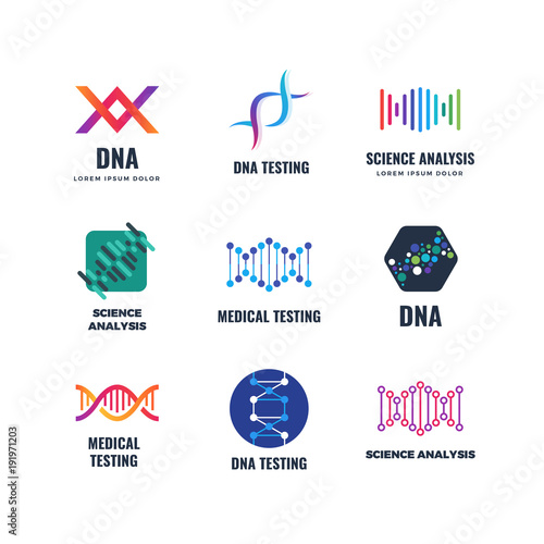 Dna code biotech vector science genetics logo. Helix molecule biotechnology emblems