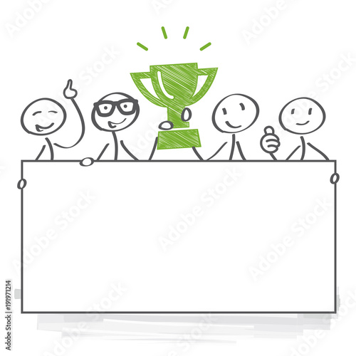 Yes! Winners! Four cheerful young men are standing and holding award and banner