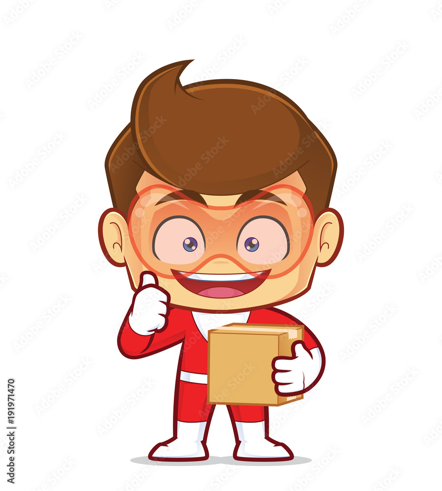 Clipart picture of a superhero cartoon character carrying a box