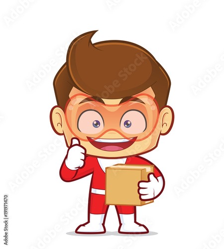 Clipart picture of a superhero cartoon character carrying a box