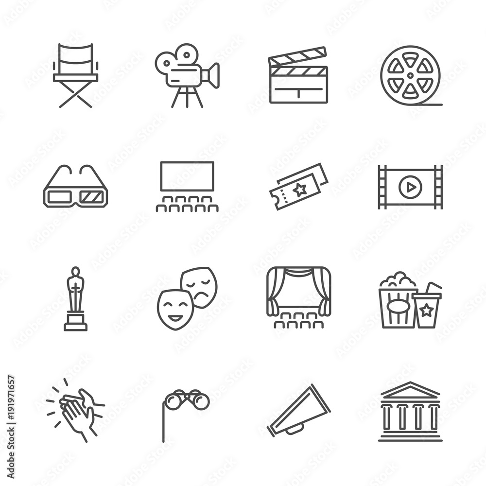 Entertainment and performance line vector icons. Theater and cinema outline symbols - obrazy, fototapety, plakaty 