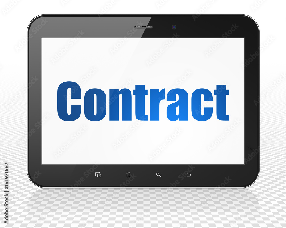 Finance concept: Tablet Pc Computer with blue text Contract on display, 3D rendering Finance concept: Tablet Pc Computer with blue text Contract on display, 3D rendering