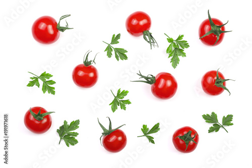 Cherry small tomatoes with parsley leaves isolated on white background. Set or collection. Top view. Flat lay