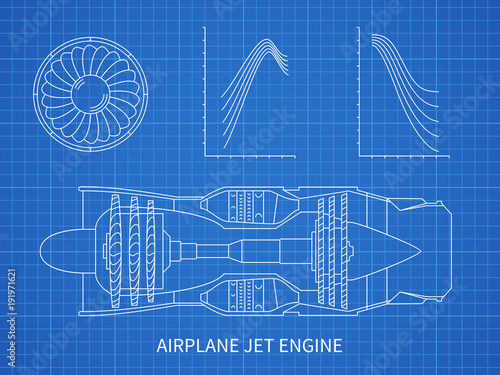 Airplane jet engine with turbine vector blueprint design