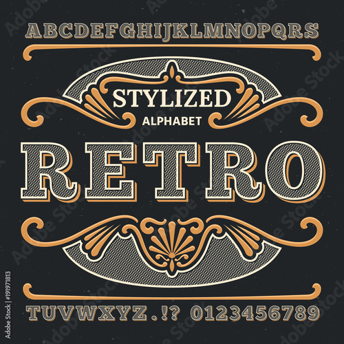 Vintage western 3d typography. Gothic retro vector type. Retro numbers and letters