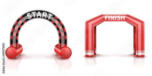 Inflatable race finish and start arch with banner. Outdoor event balloon archway vector illustration