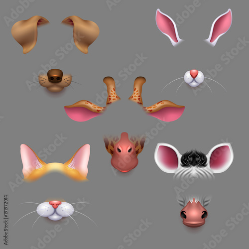 Animal ears and noses. Vector selfie photo filters animals faces masks