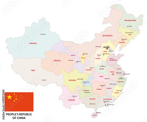 colorful administrative and political vector map of china with flag