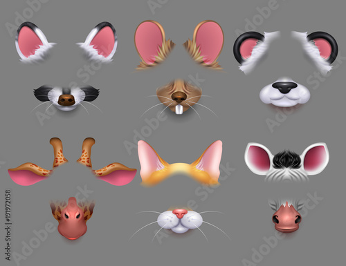 Cute animal ears and nose video effect filters. Funny animals faces masks for mobile phone vector set