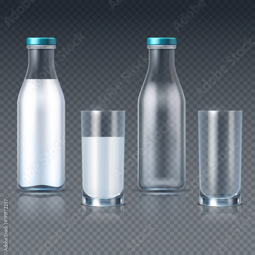 Realistic glass bottles and glasses with milk vector templates isolated