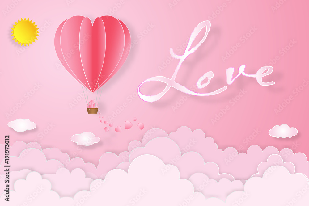 hot air heart balloon on pink sky as love, happy valentine's day, wedding and paper art concept. vector illustration.