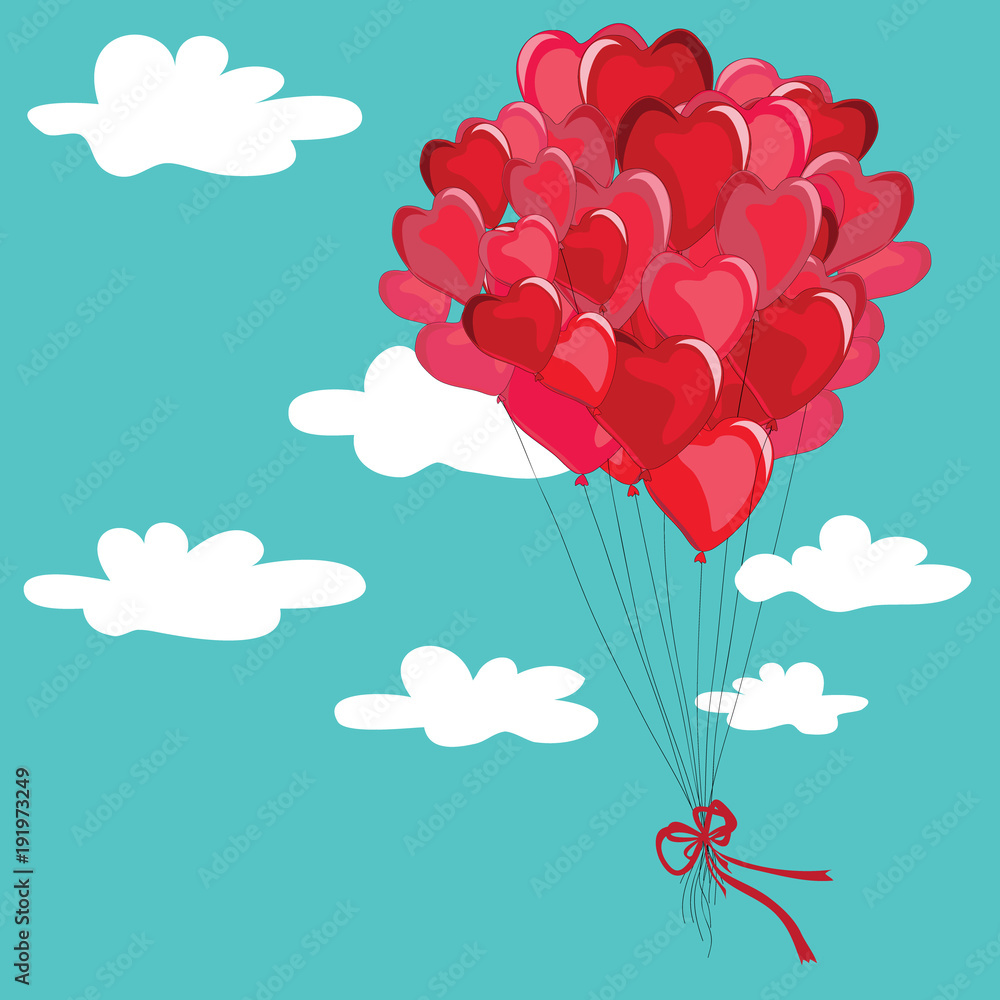 Red balloons in the shape of hearts flying in the sky among the clouds. Vector illustration on turquoise background