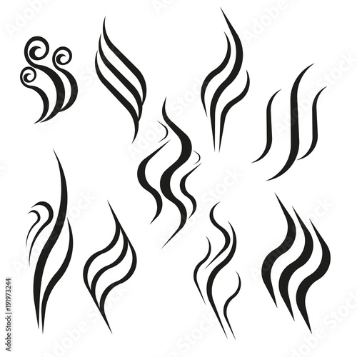 Smell aroma and heat sign set. Odor and scent or hot vapor silhouettes. Smoke hot vector icon isolated on white background.