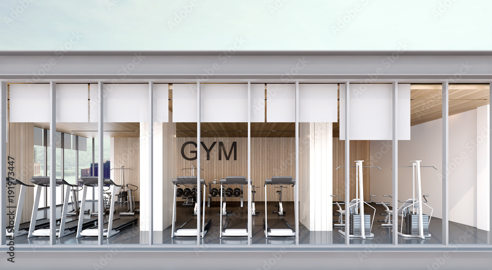 Gym room , view from balcony , 3d rendering - obrazy, fototapety, plakaty 