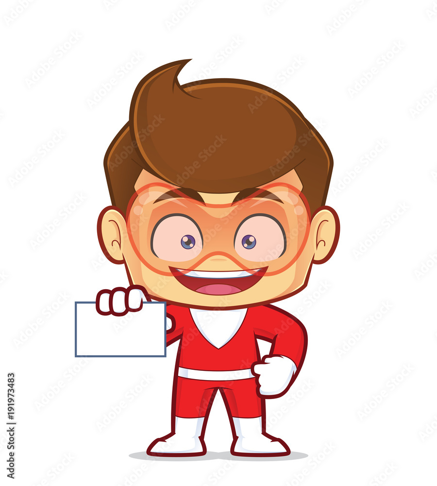 Clipart picture of a superhero cartoon character holding a blank business card