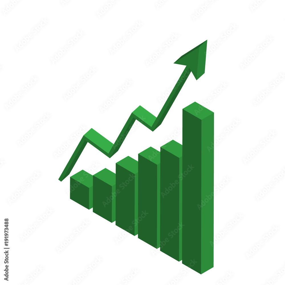 Growth chart and green bars with arrow pointing upwards on ioslated white background design with illustration
