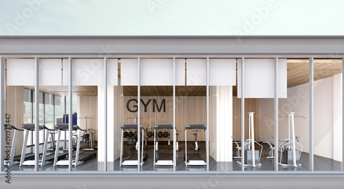 Gym room , view from balcony , 3d rendering photo